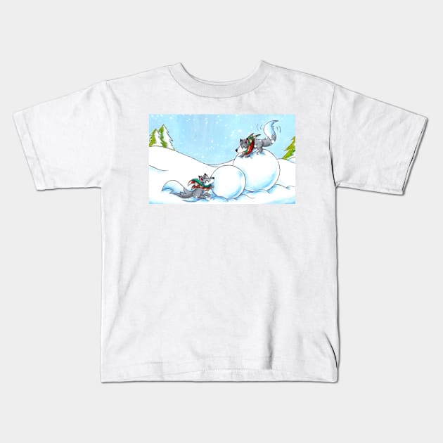 Snowman Building Kids T-Shirt by KristenOKeefeArt